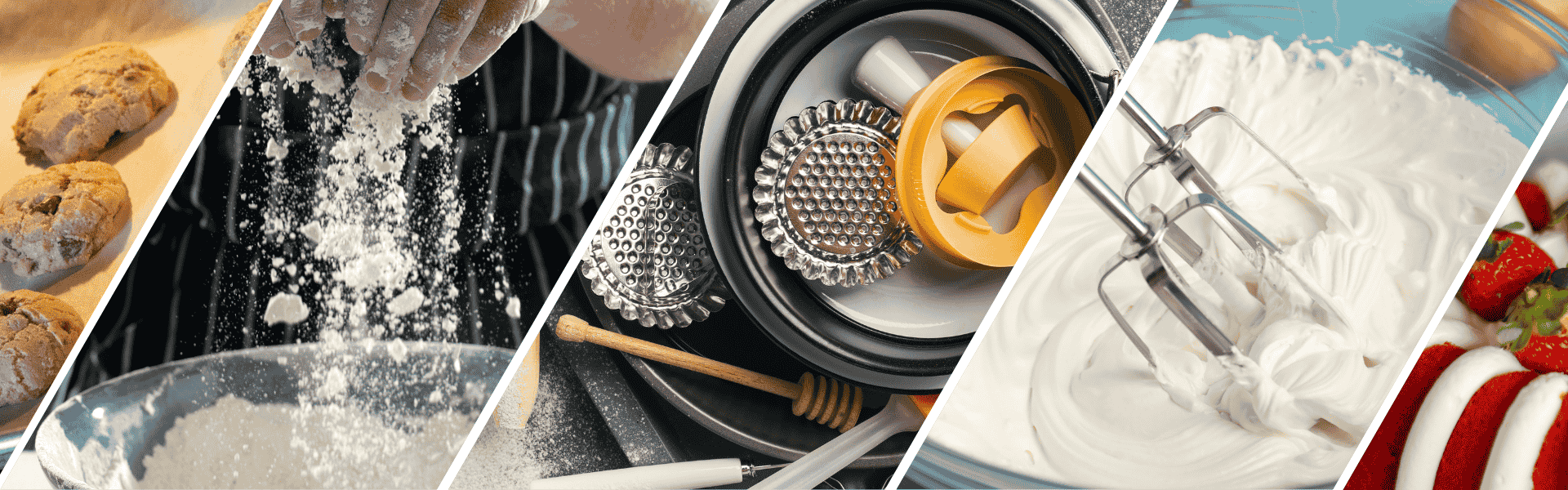 Collage of bakers dusting flour, kitchen tools, and whipped cream being mixed