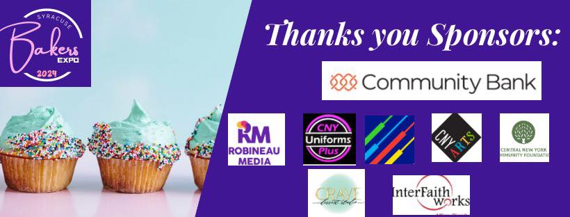 2024 Syracuse Bakers Expo sponsors including Community Bank, Robineau Media, CNY Uniforms Plus, CNY Arts, Central New York Community Foundation, Crave Dessert Studio, InterFaith Works, and additional creative collaborators.